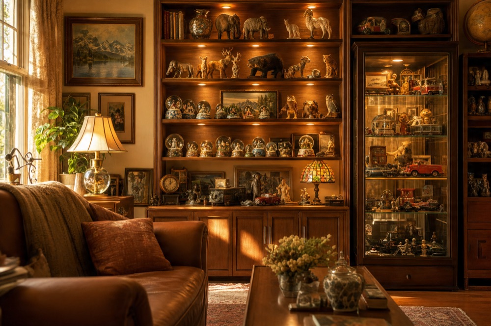 A cozy living room with shelves of vintage collectibles